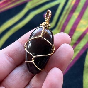 Southwestern Artisan Smokey Quartz Stone Gold Tone Metal Wire Wrapped Pendant